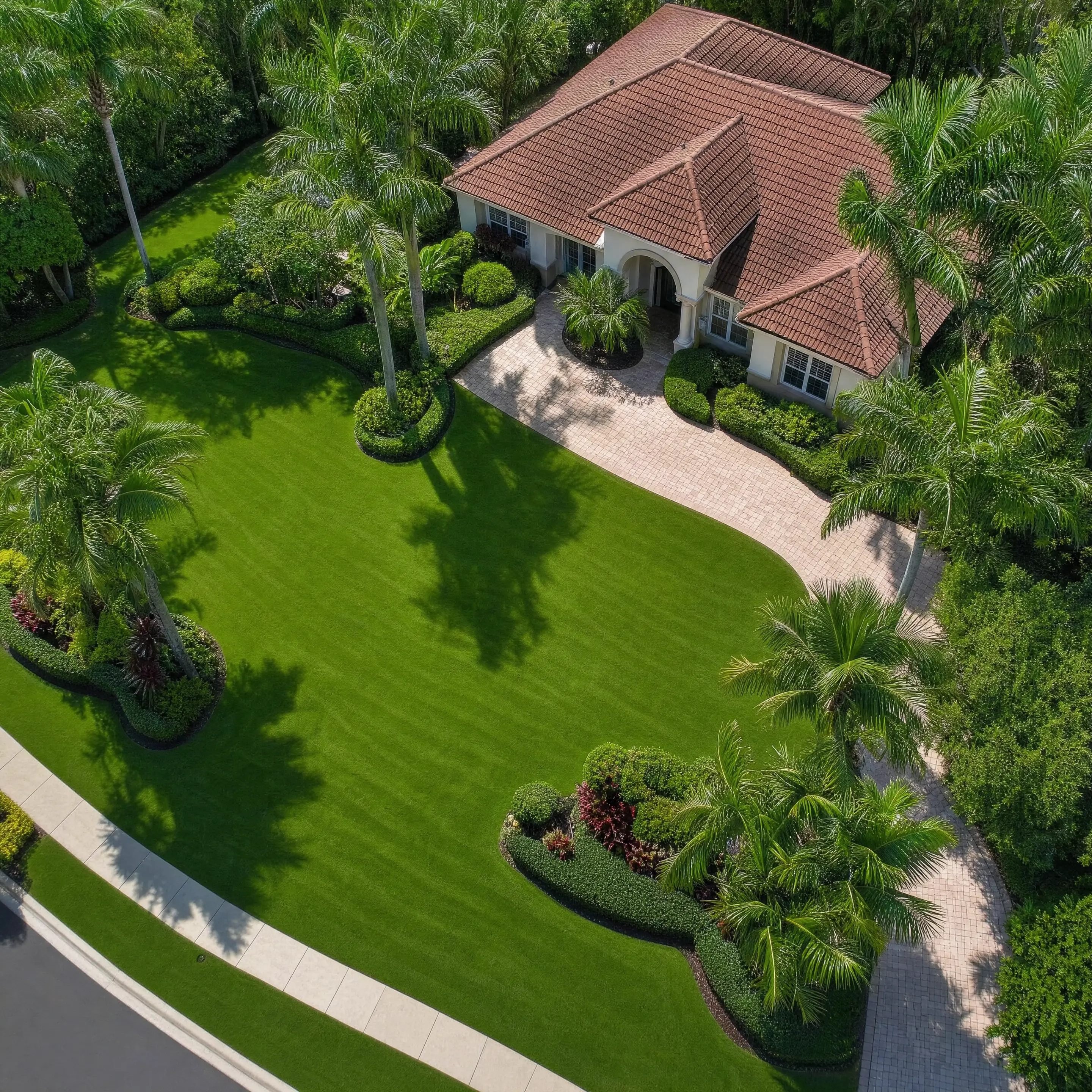 An aerial of a residential property with a full curving driveway and trimmed lawn
