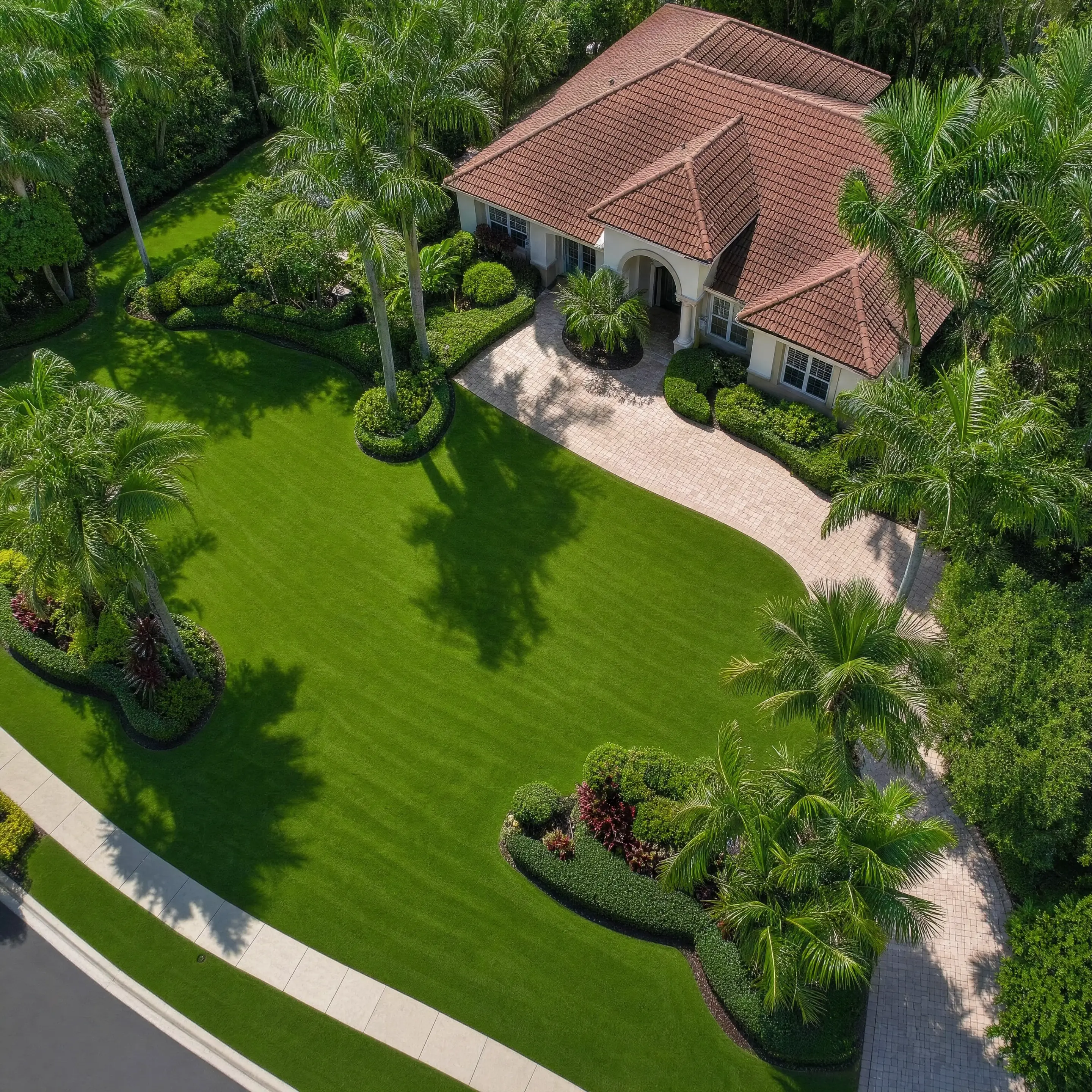 An aerial of a Jupiter property with a curving driveway, mature palms, and a full green lawn