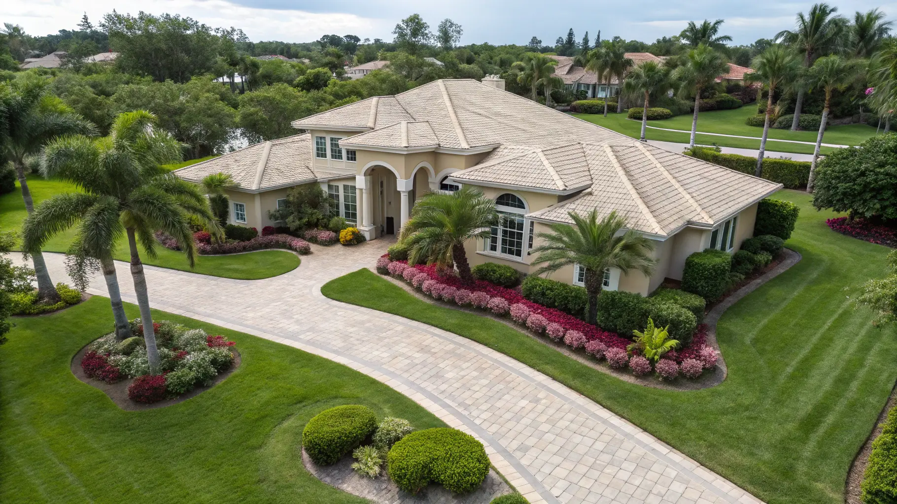 A drone-oblique view of a Palm City estate at golden hour