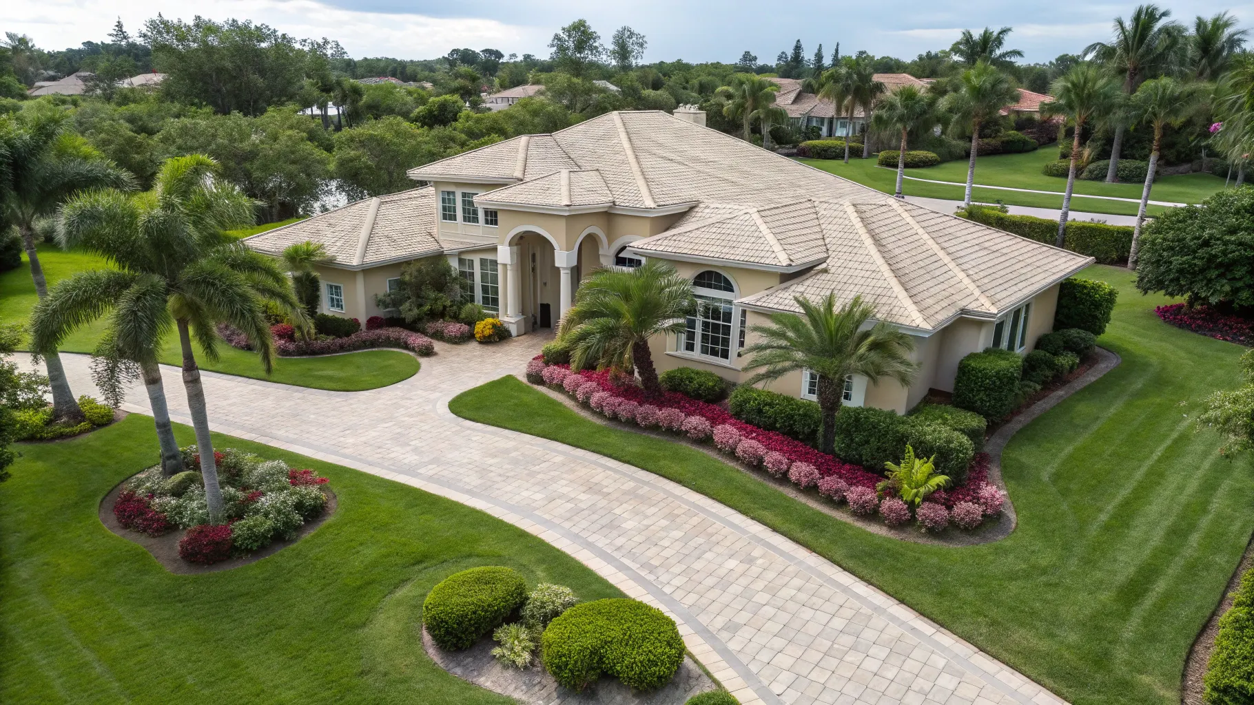 A drone-oblique view of a Palm City estate at golden hour