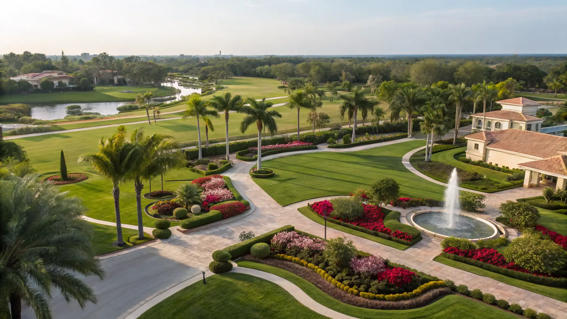 An aerial of a Palm City property with manicured grounds and palm allée