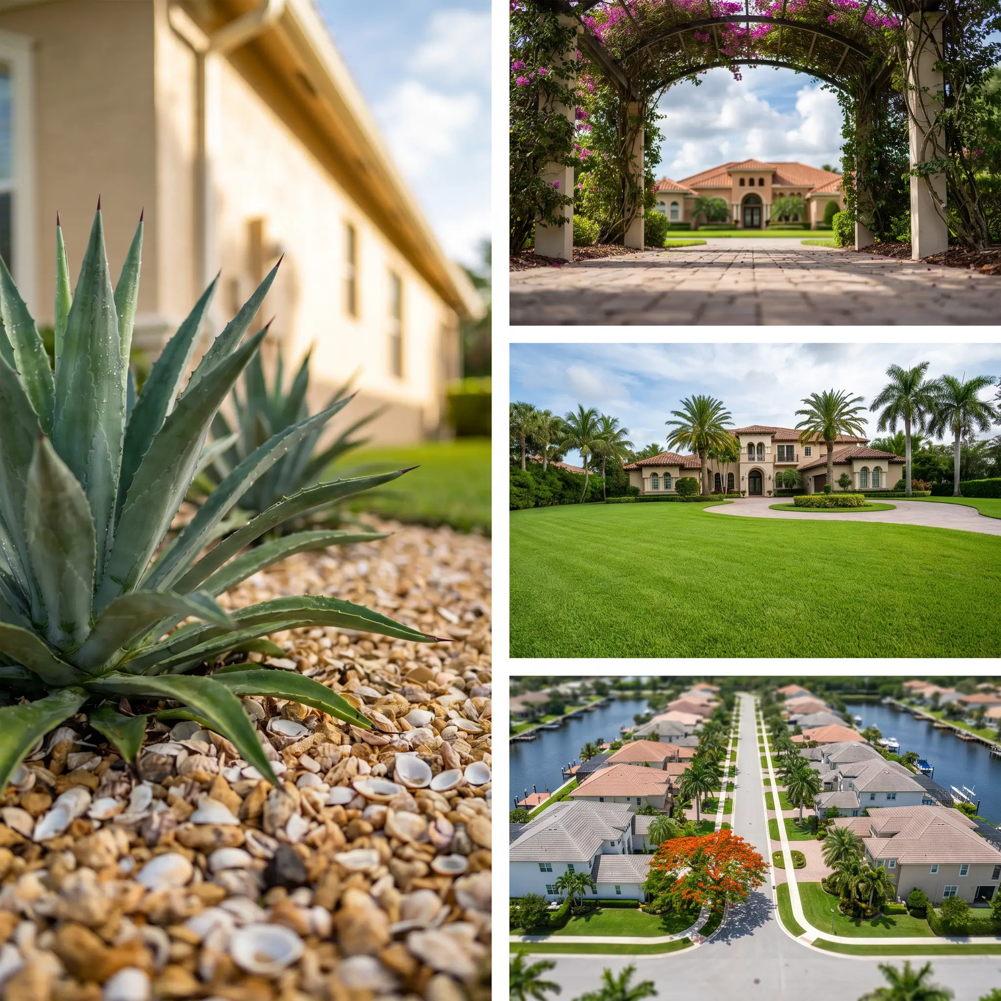 An agave foreground, a pergola arch, a Mediterranean estate, and an aerial neighborhood view