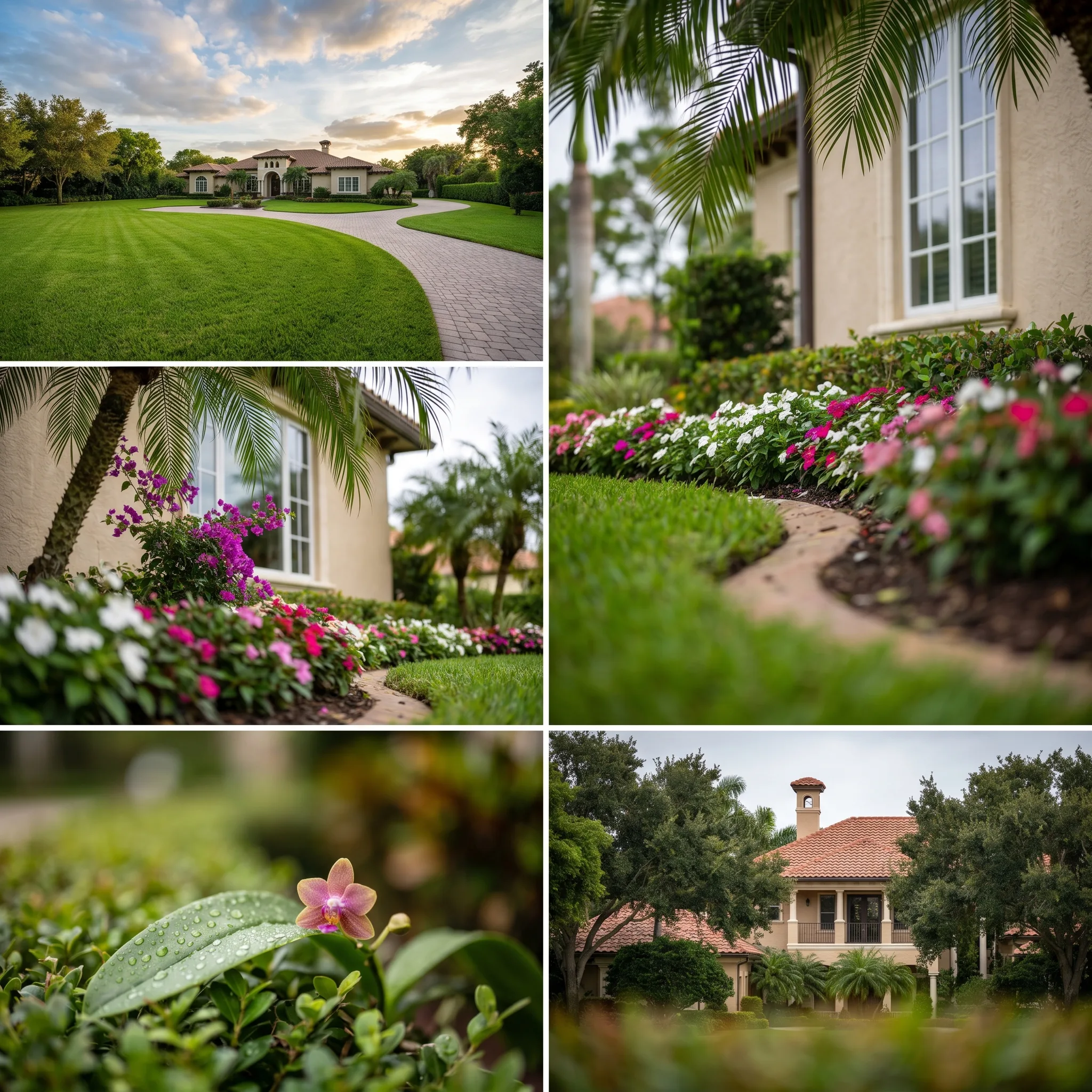 An estate at sunset, a planted flower bed, a flora close-up, and a tower house