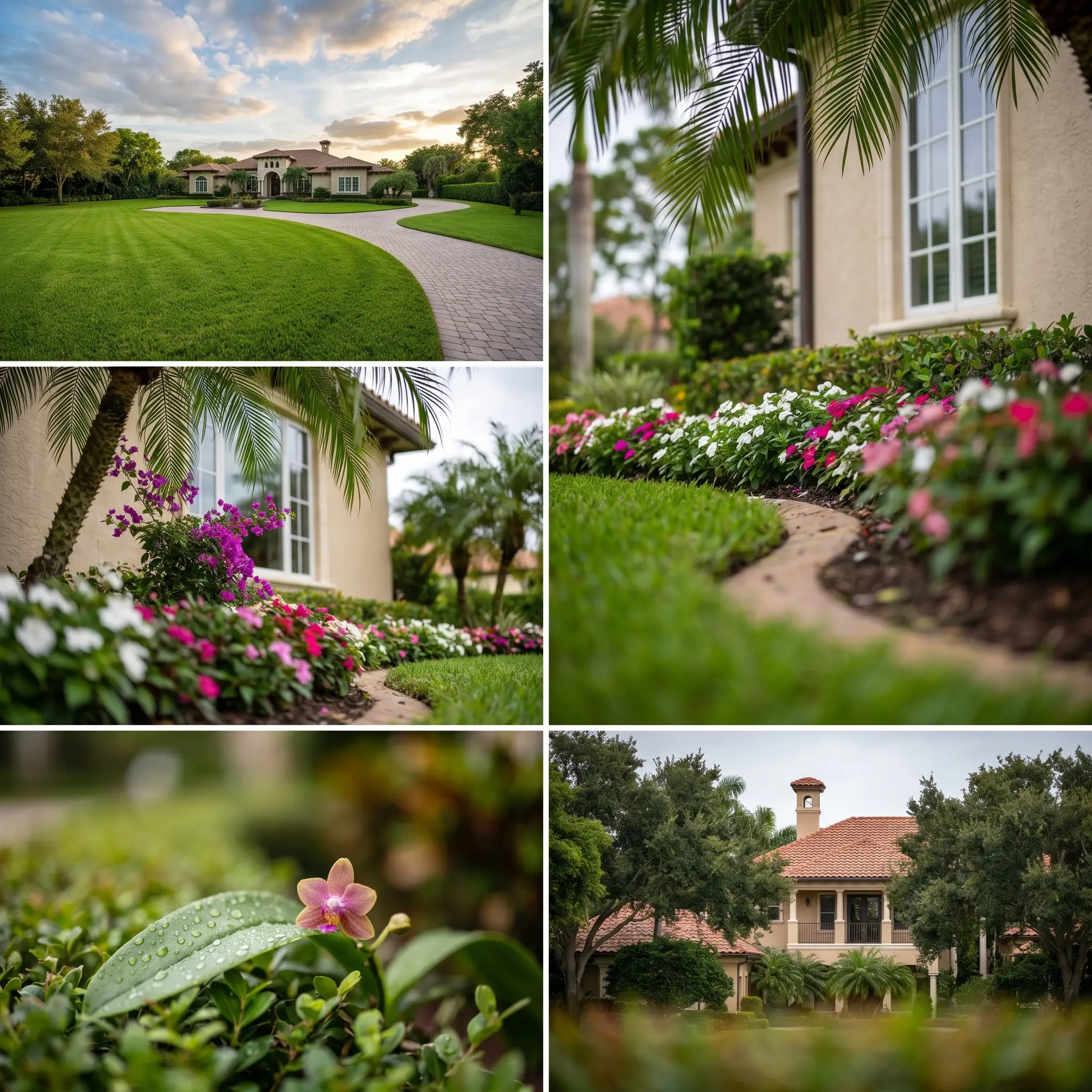 An estate at sunset, a planted flower bed, a flora close-up, and a tower house