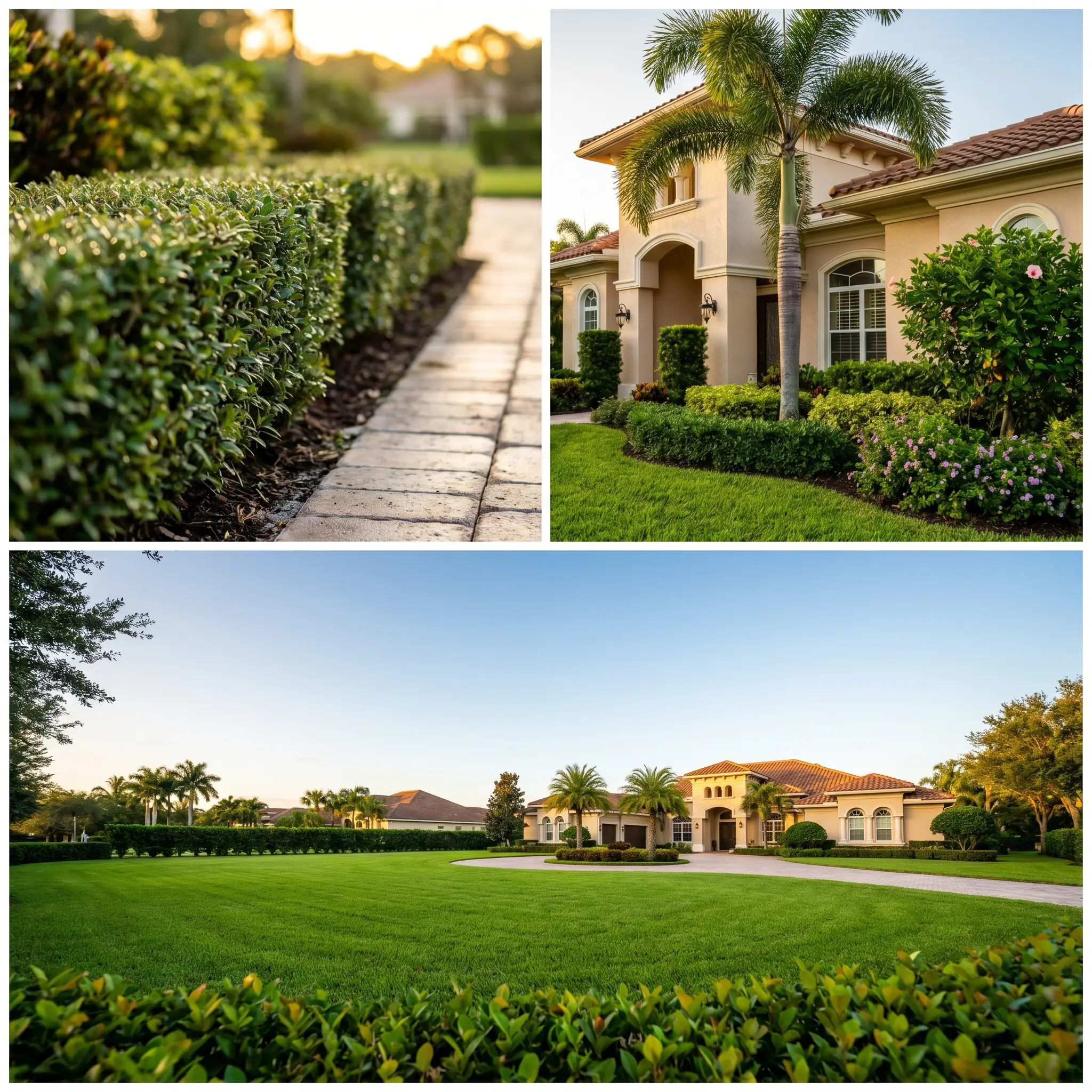 A hedge-lined drive, an estate front, and a wide property at sunset