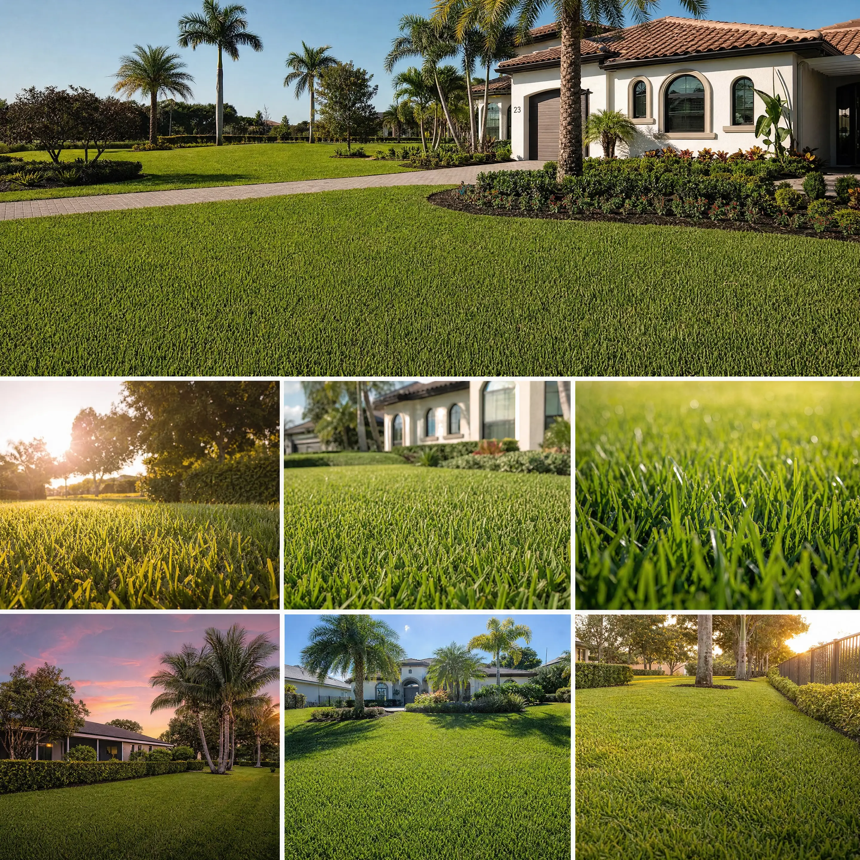 A wide property photo above with a stack of lawn and grass details below