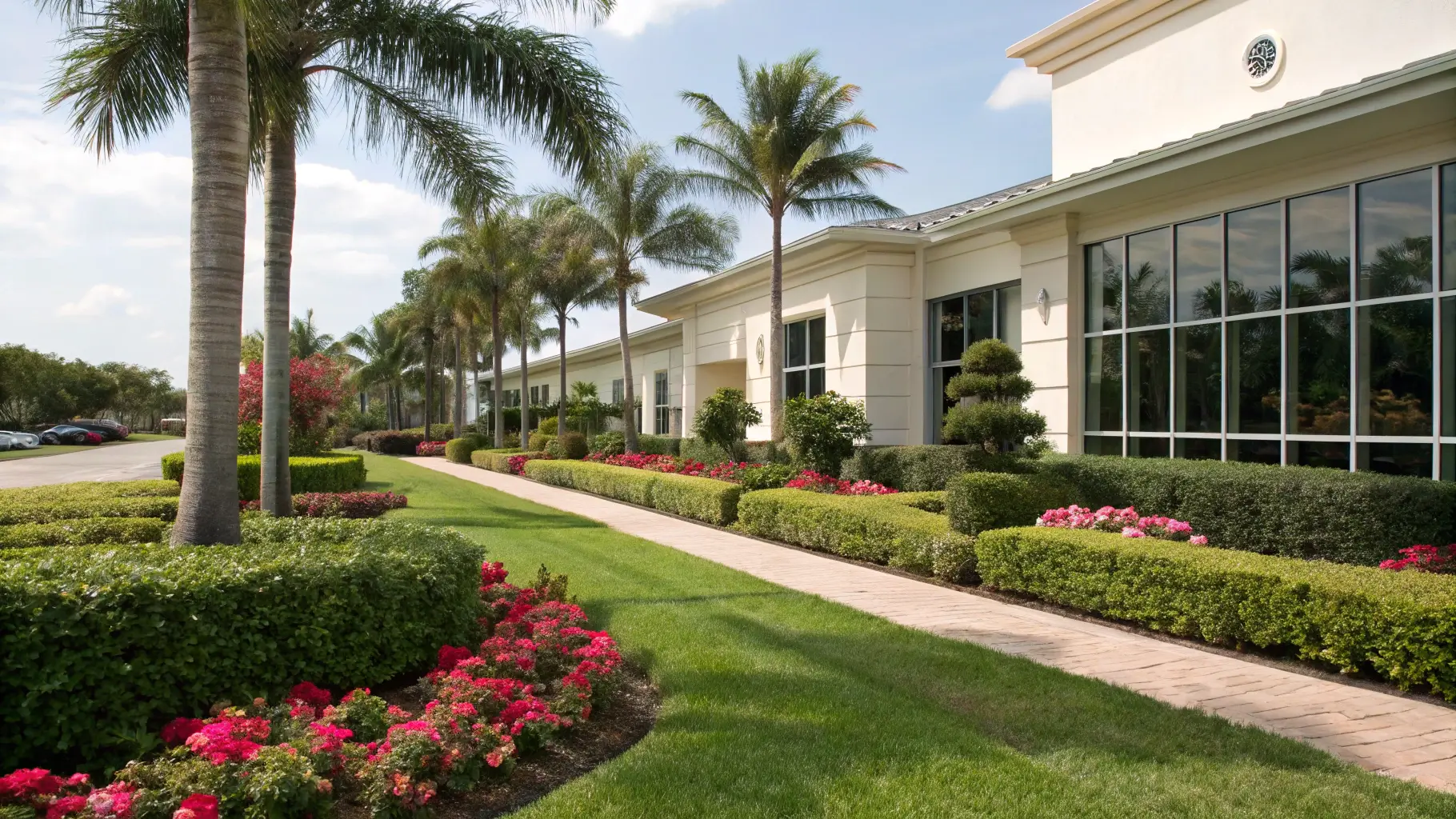 A Tequesta home behind a clipped hedge line and mature landscaping