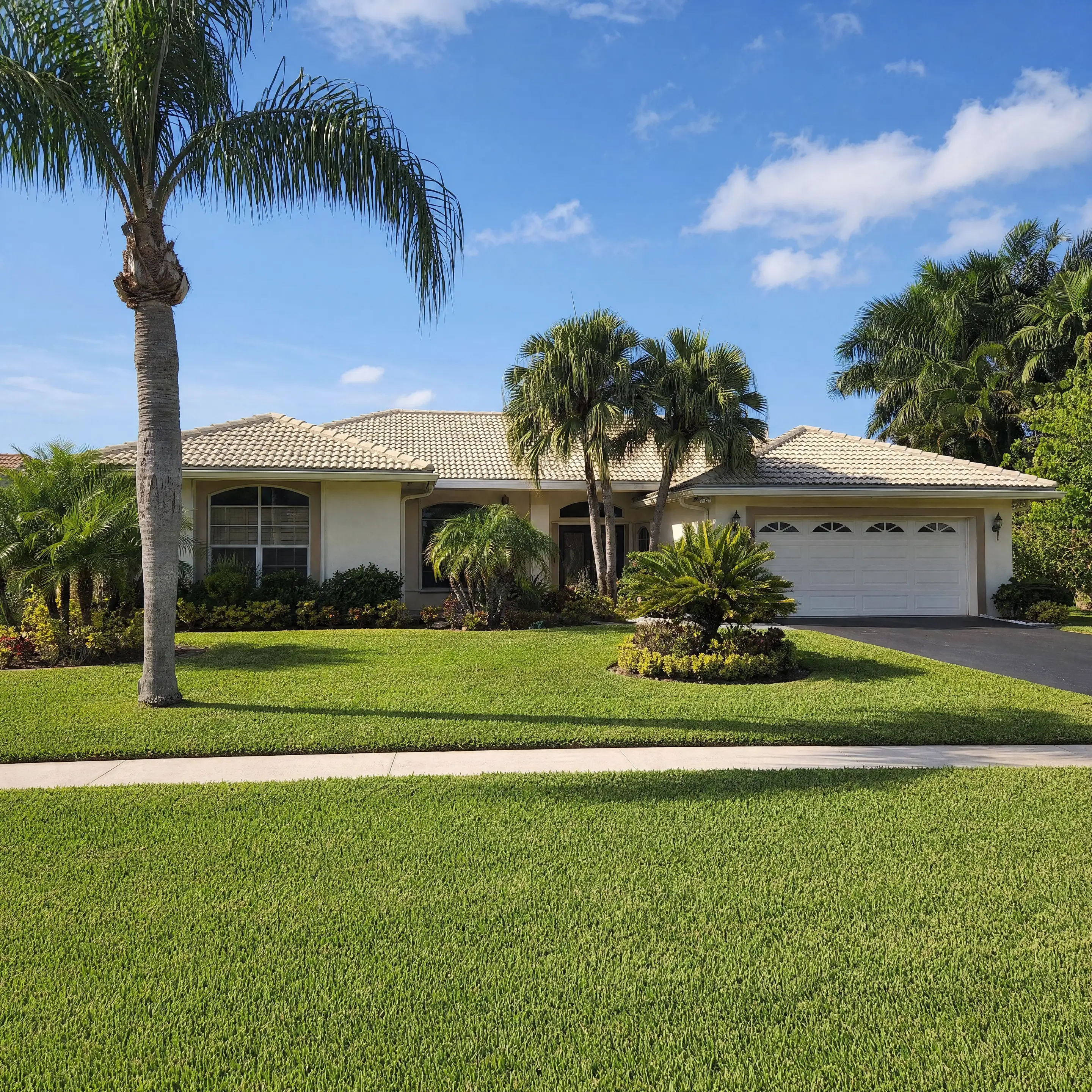 A classic Florida home with a palm-flanked driveway in Palm Beach Gardens