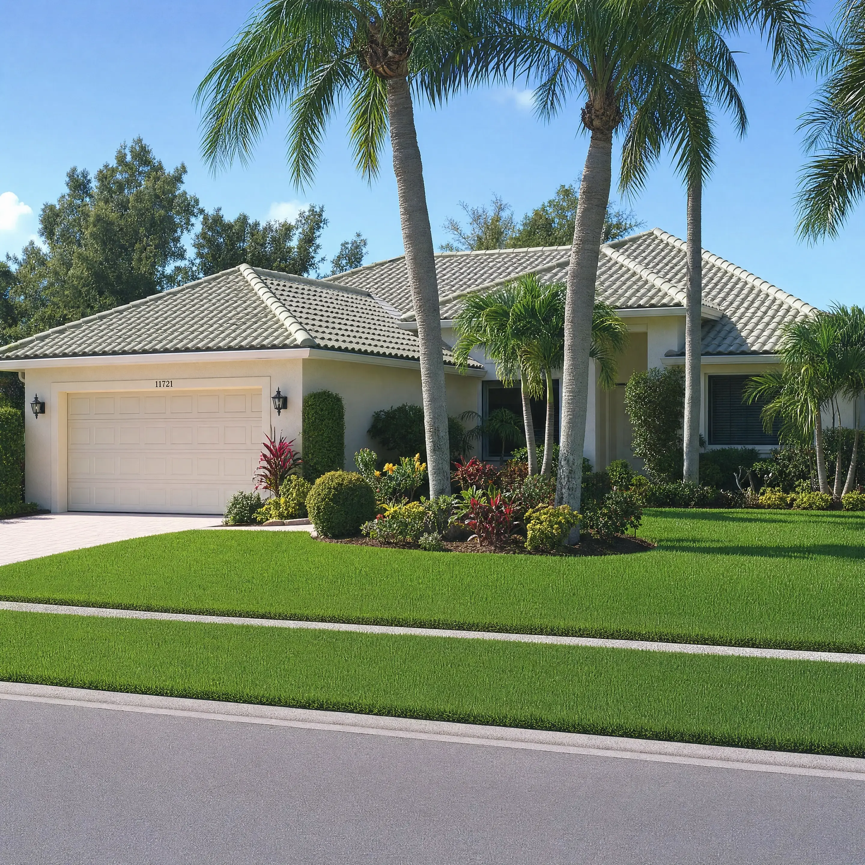 A white-tile-roof Florida estate with mature palms in Jupiter
