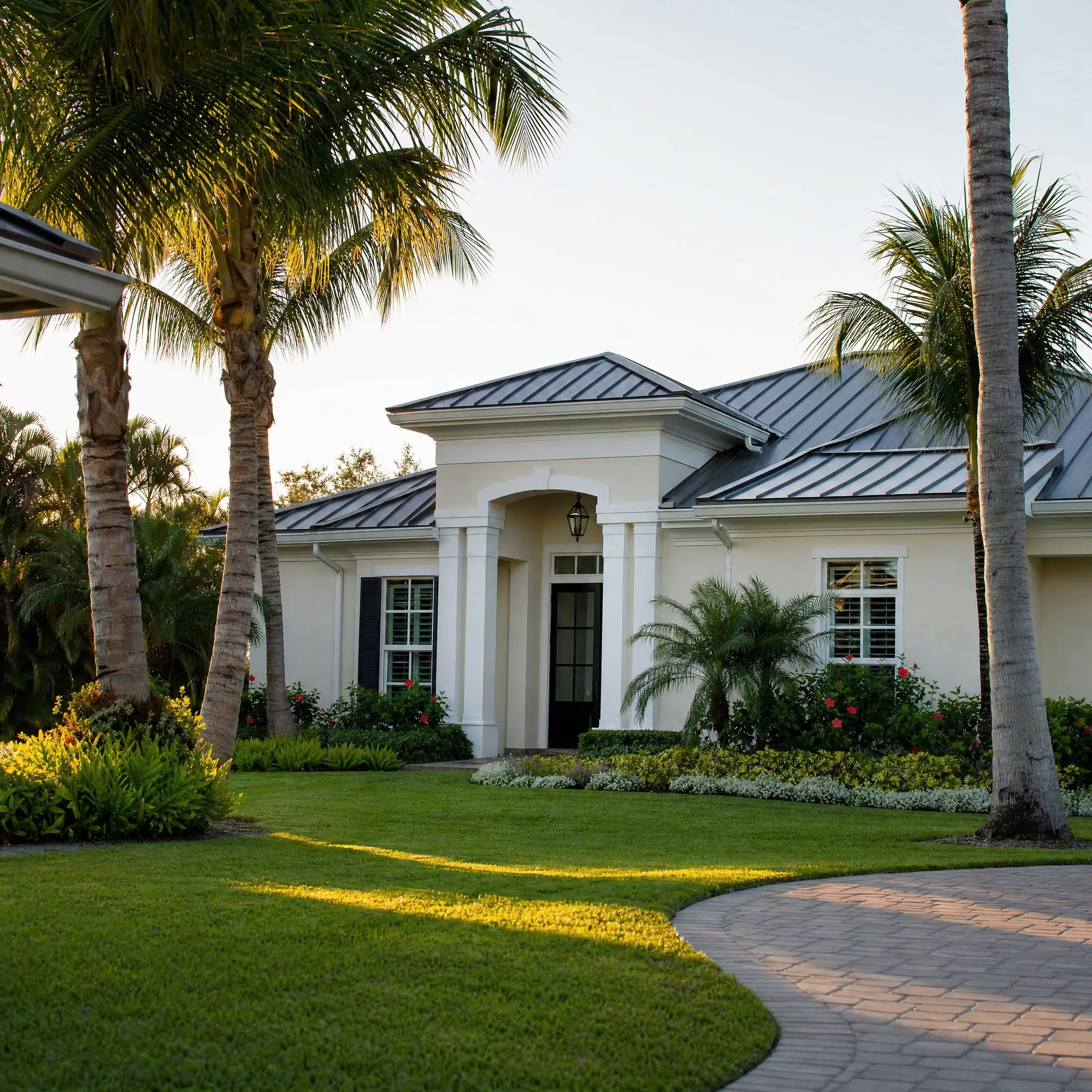 A residential property entrance flanked by mature palms in Palm Beach Gardens