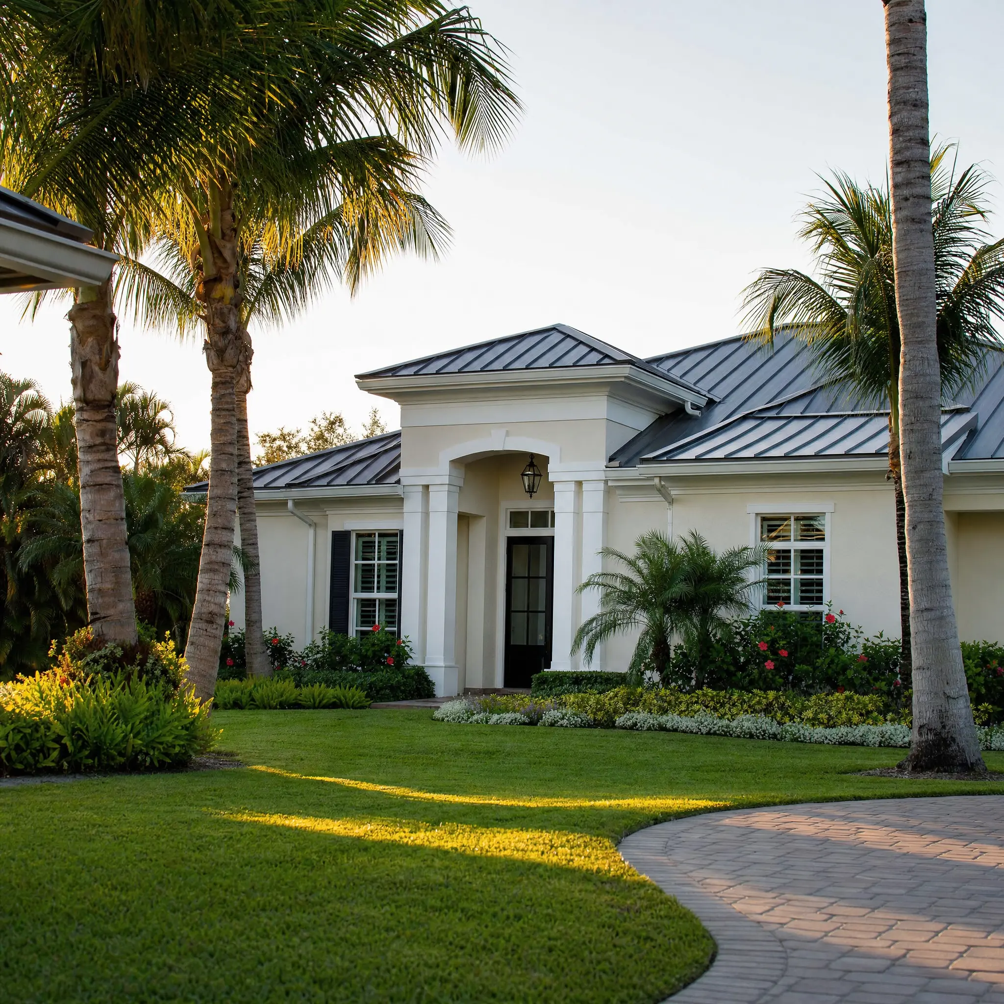 A residential property entrance flanked by mature palms in Palm Beach Gardens