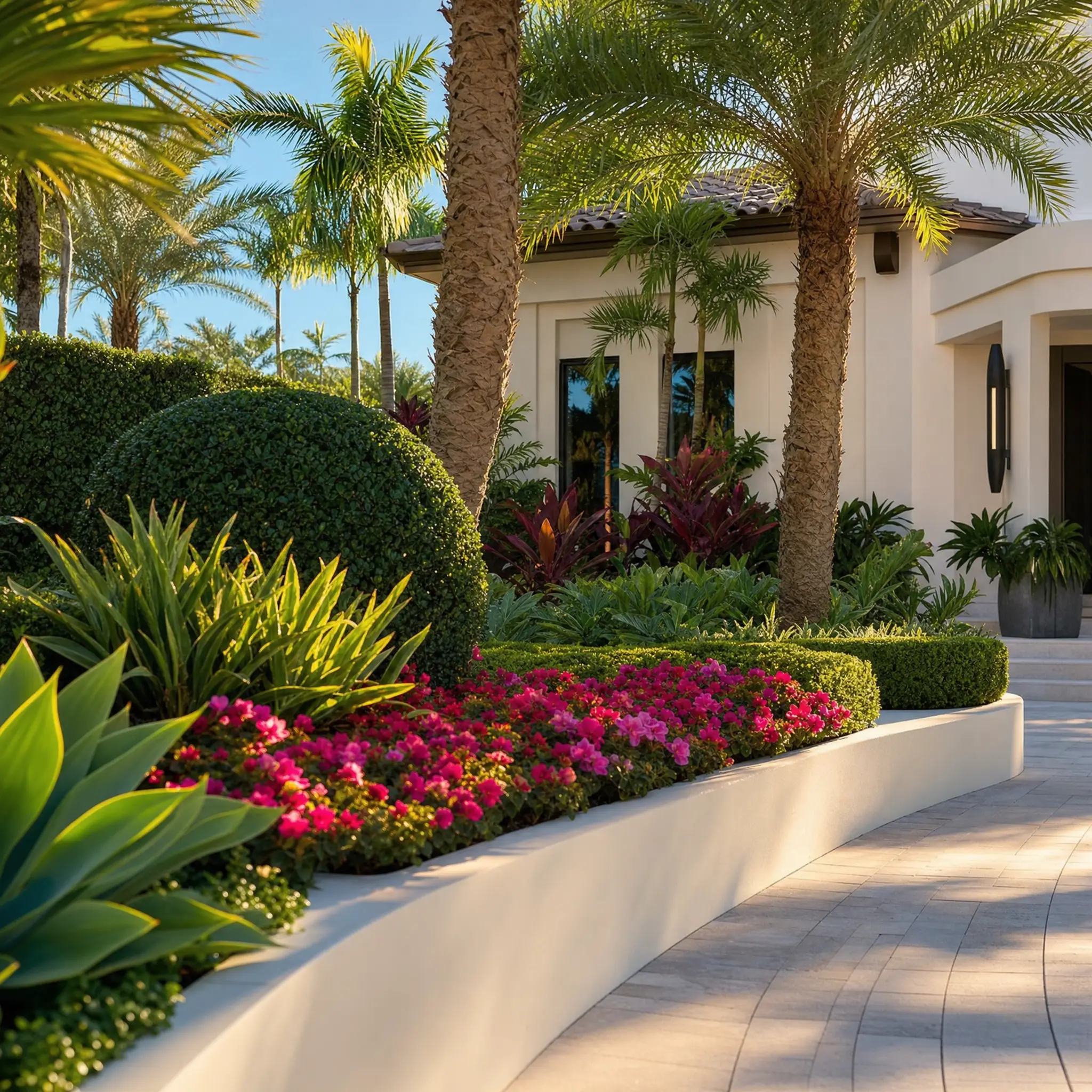 A curved bed of pink bougainvillea framing a white residential wall
