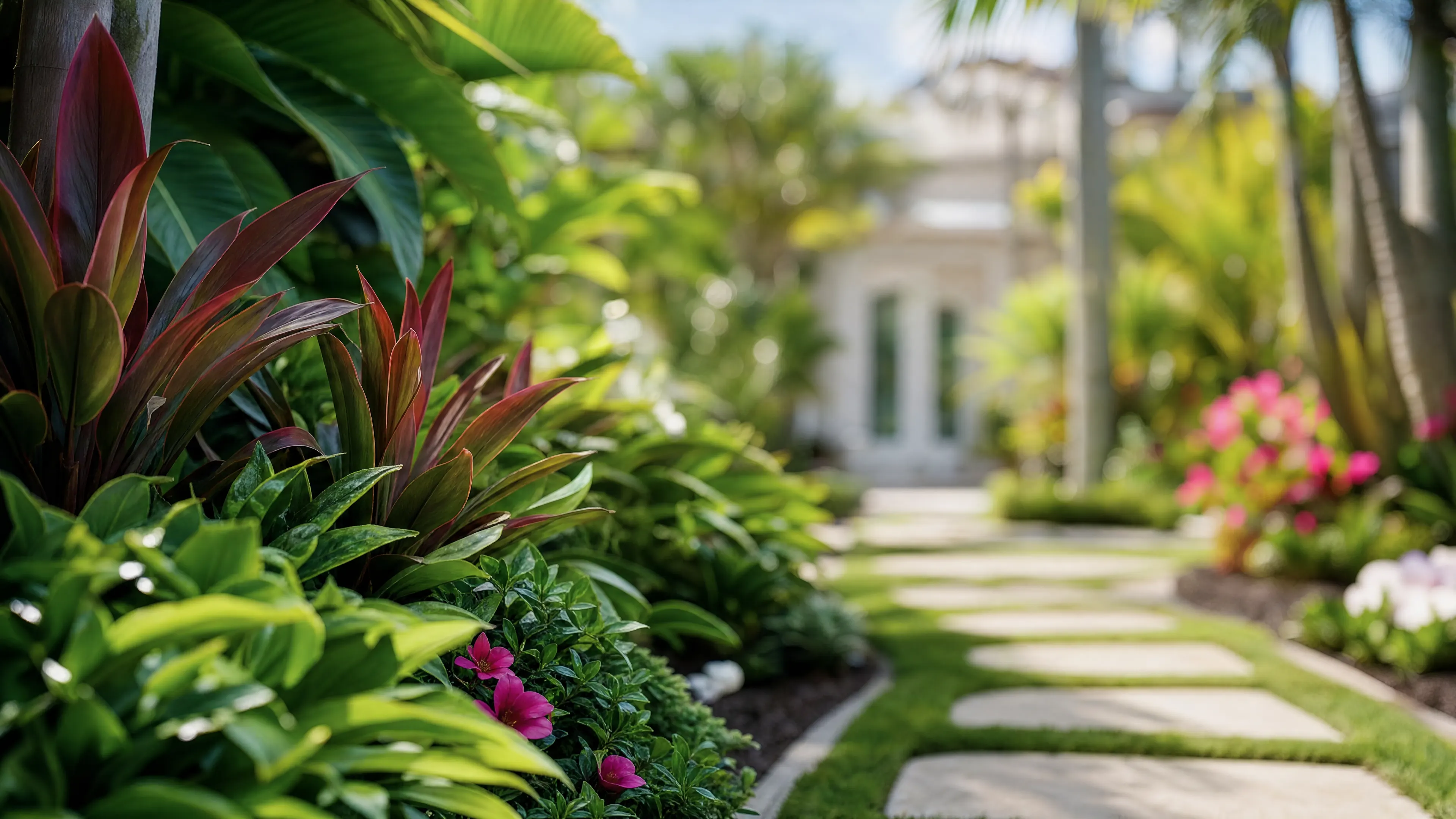 A tropical garden path with red foliage leading to a white estate