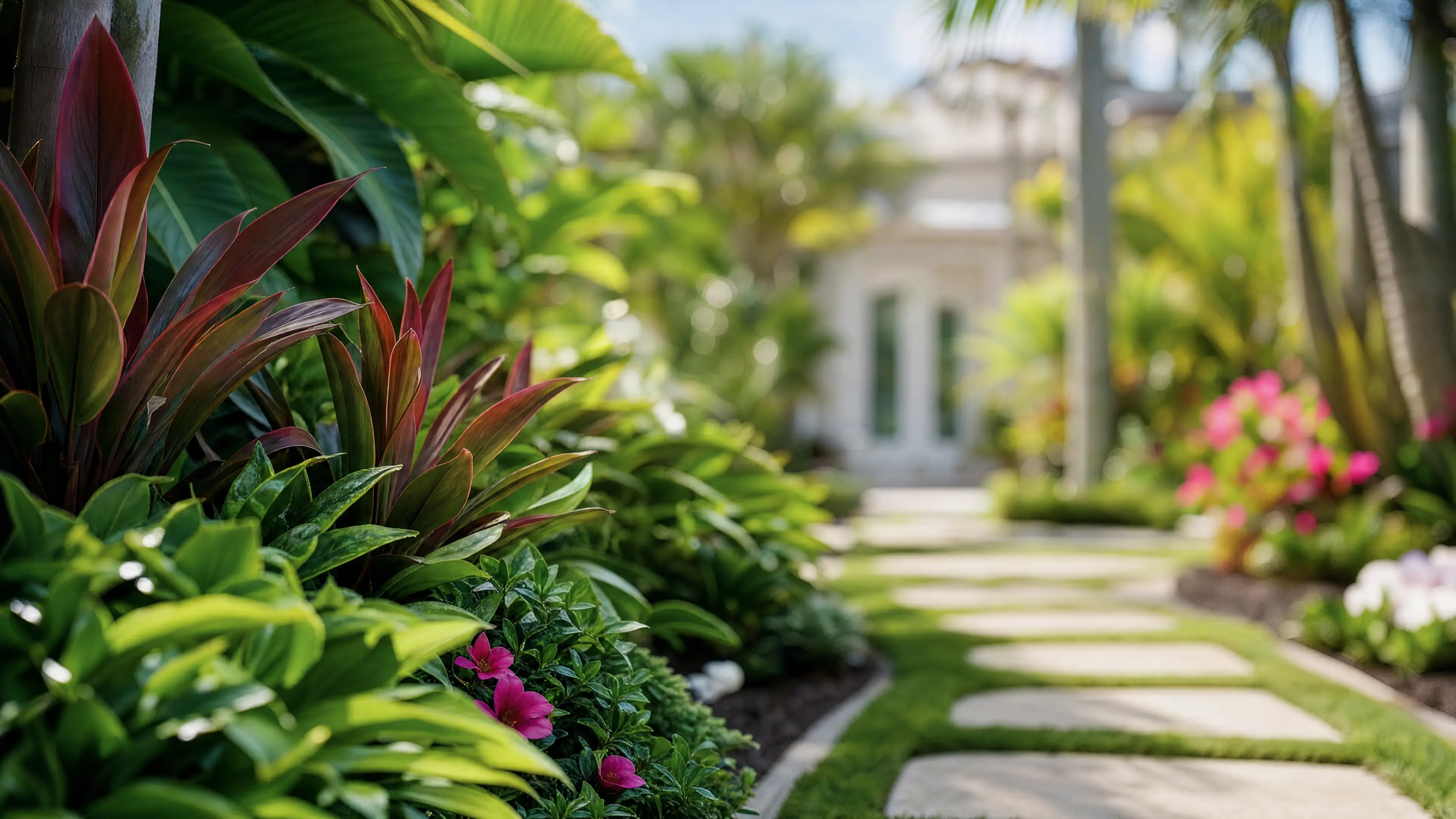 A tropical garden path with red foliage leading to a white estate in Port St. Lucie