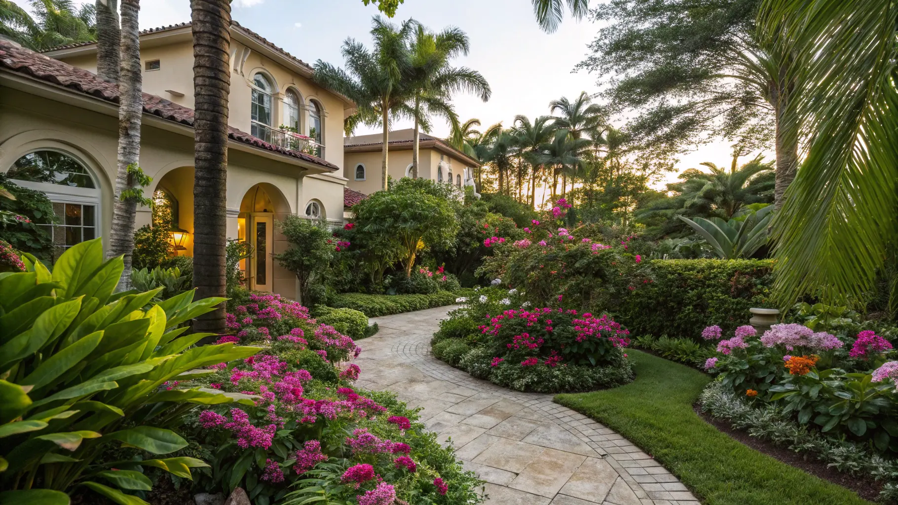 A warm-lit Mediterranean estate with mature plantings in Palm City