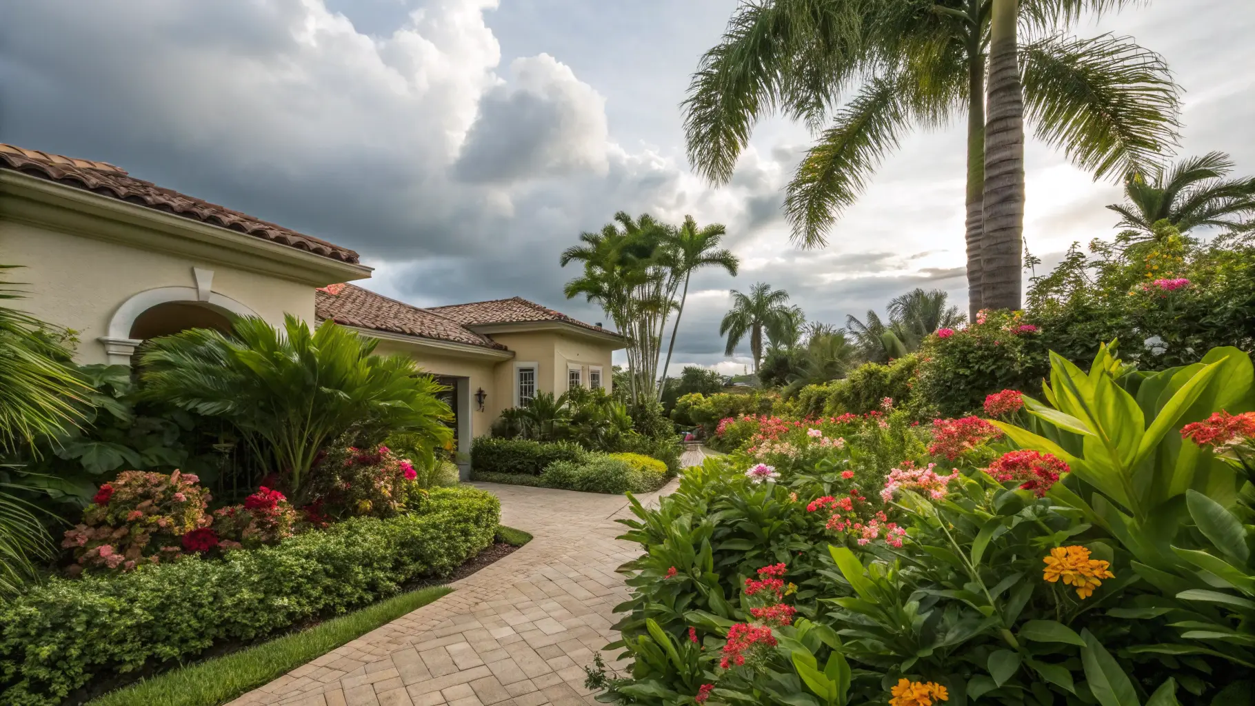 A Mediterranean estate at warm sunset light with bougainvillea