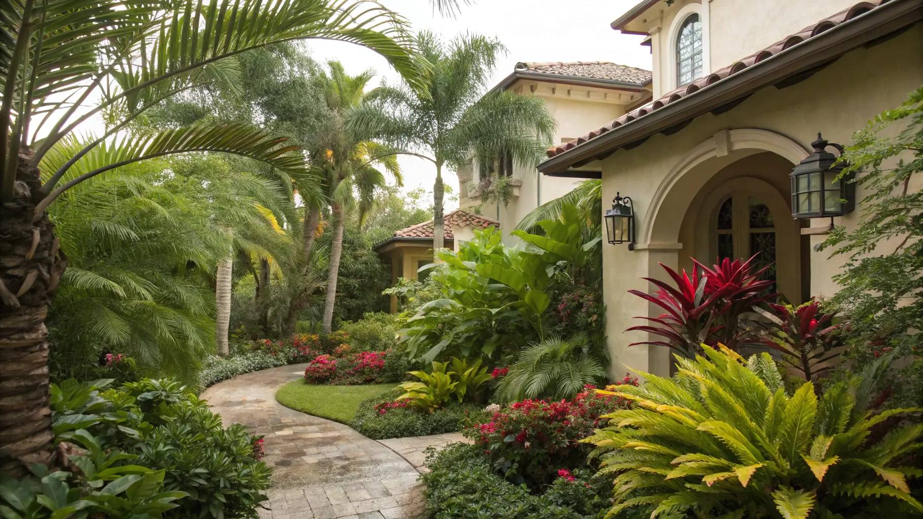 A Mediterranean estate at warm sunset light with bougainvillea in Palm City