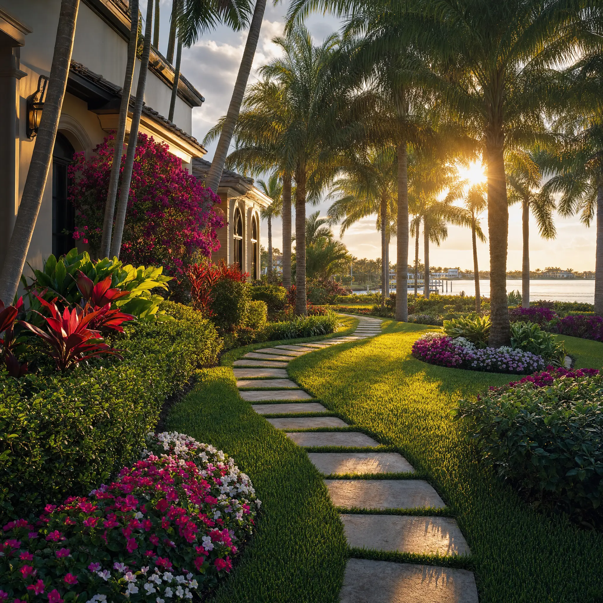 A waterway-front North Palm Beach estate with stone path at golden hour
