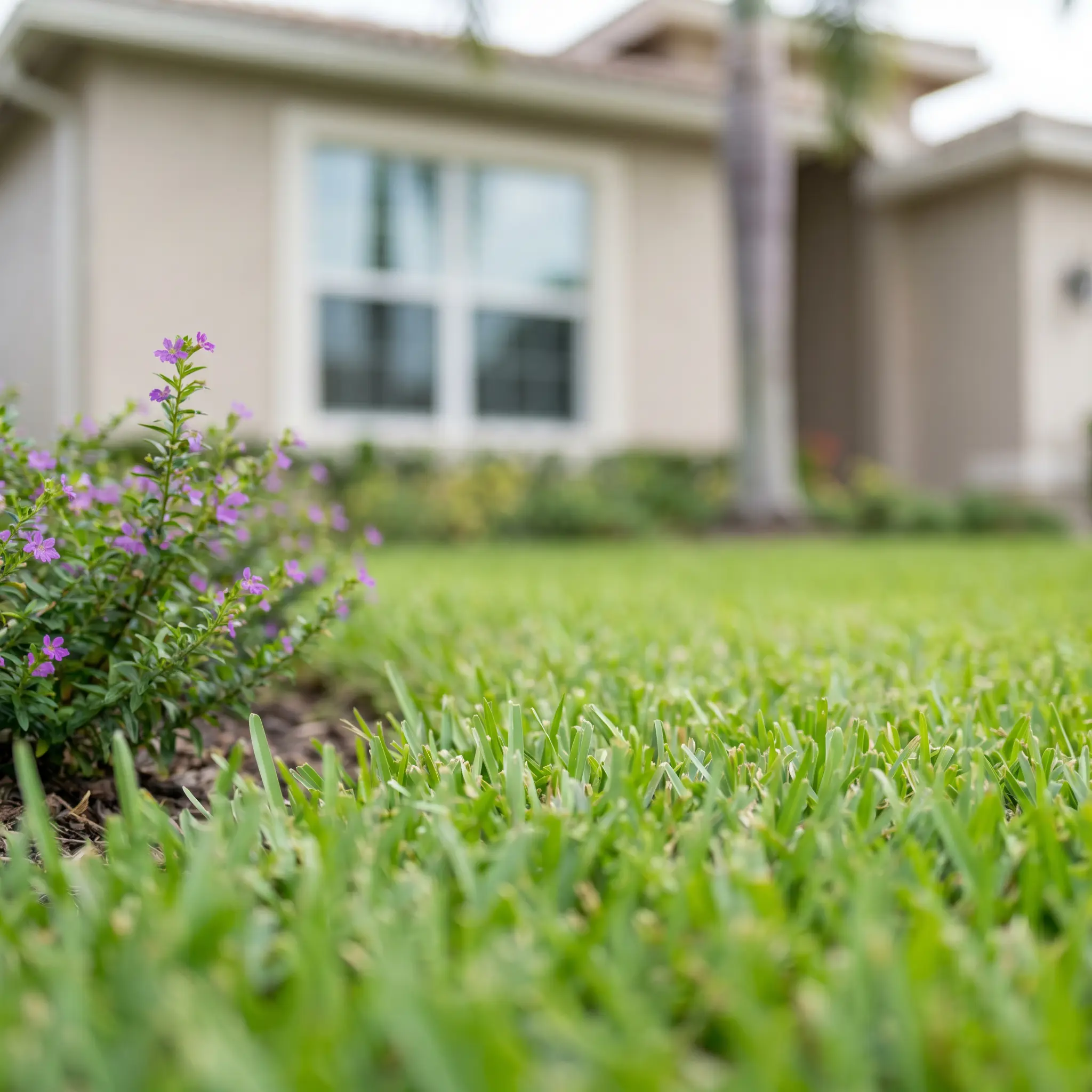 A close foreground of grass and flowering bushes with a residential home in soft focus