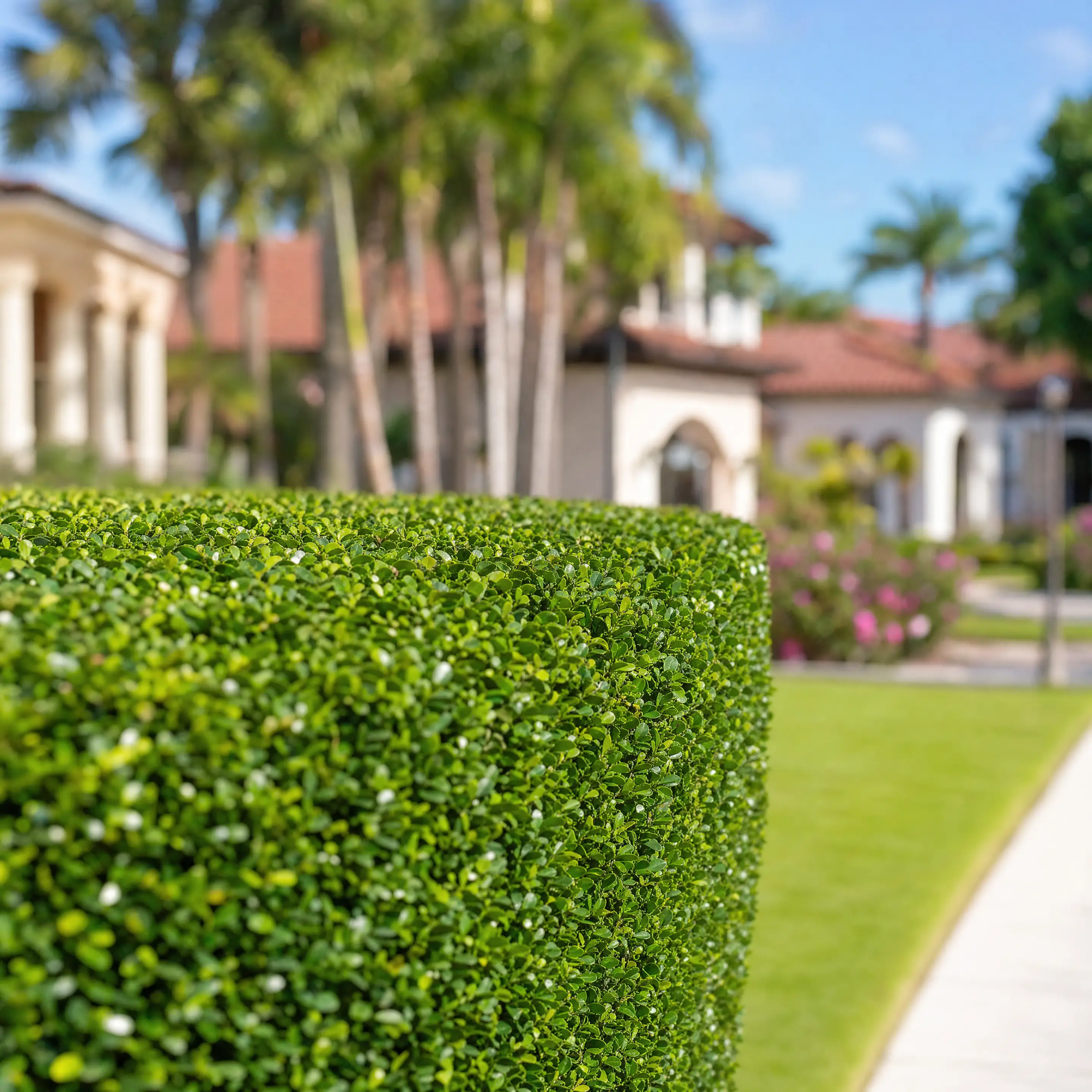 A trimmed hedge corner with an estate in the background