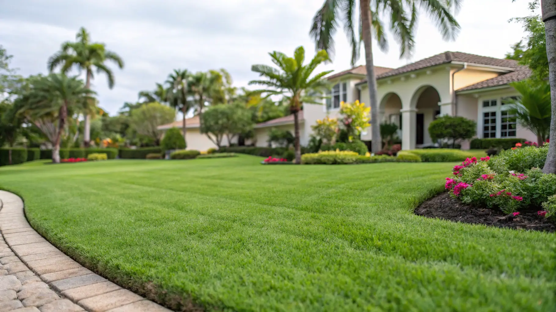 A cut and edged front lawn on a compact Juno Beach lot